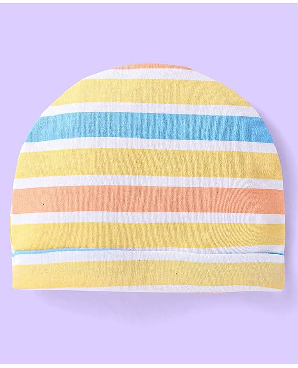 Babyhug Interlock Cotton Knit Tropical & Stripe Printed Caps Pack Of 2 - Blue & Yellow