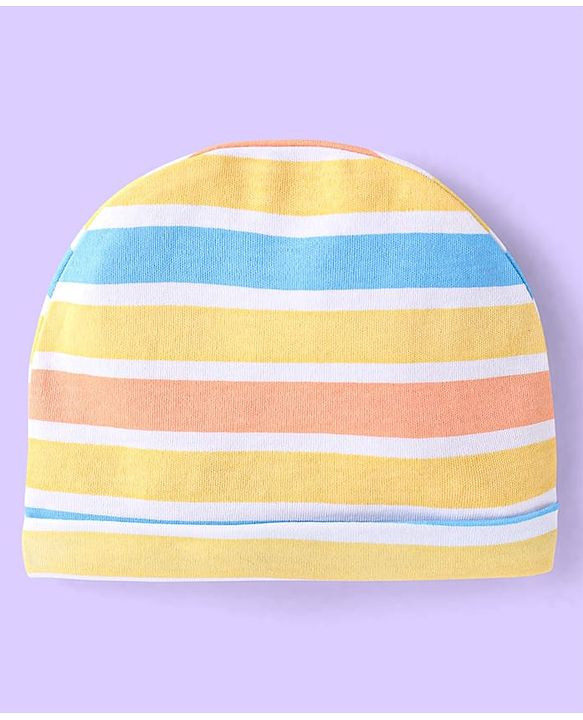 Babyhug Interlock Cotton Knit Tropical & Stripe Printed Caps Pack Of 2 - Blue & Yellow