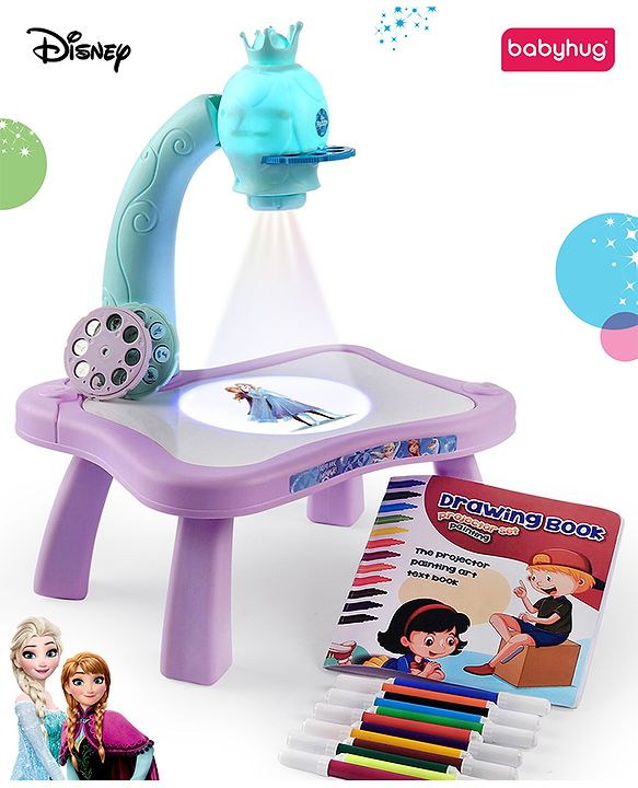 Babyhug  Disney Premium Frozen Adventure Small Tracing Projector Set Battery Operated Projector Table with Slides for Learning and Painting with Projector Lamp & Music - Purple & Light Blue
