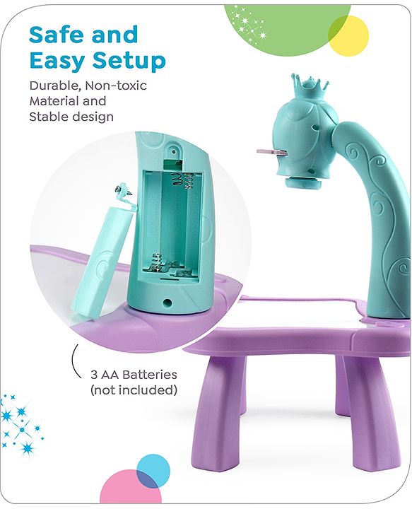 Babyhug  Disney Premium Frozen Adventure Small Tracing Projector Set Battery Operated Projector Table with Slides for Learning and Painting with Projector Lamp & Music - Purple & Light Blue