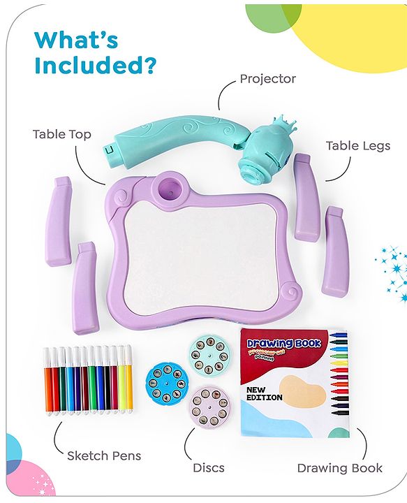 Babyhug  Disney Premium Frozen Adventure Small Tracing Projector Set Battery Operated Projector Table with Slides for Learning and Painting with Projector Lamp & Music - Purple & Light Blue