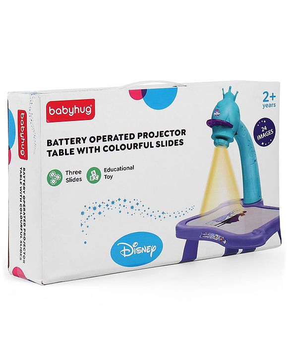 Babyhug  Disney Premium Frozen Adventure Small Tracing Projector Set Battery Operated Projector Table with Slides for Learning and Painting with Projector Lamp & Music - Purple & Light Blue