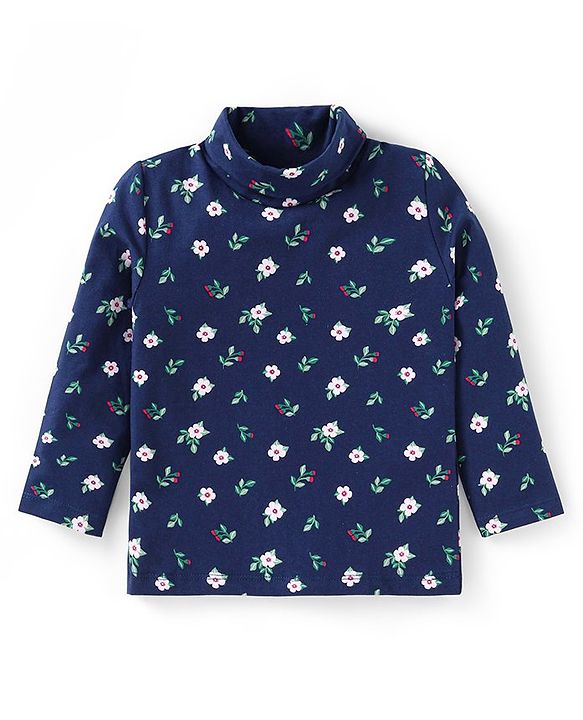 Babyhug Cotton Knit Full Sleeves Skivi T-Shirt with Floral Print - Navy Blue