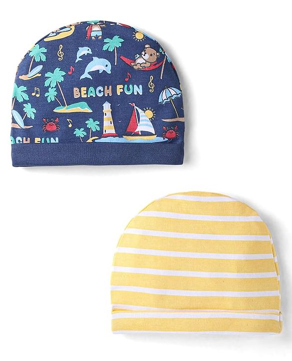 Babyhug Interlock Cotton Knit Beach & Stripe Printed Caps Pack Of 2 - Navy Blue & Yellow