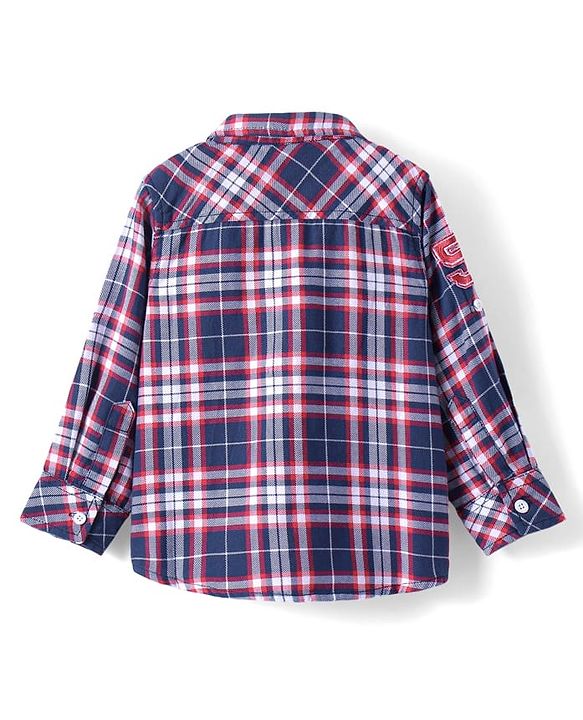 Babyhug Cotton Knit Full Sleeves Checkered Shirt - Navy Blue