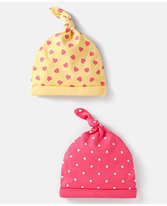 Babyhug Interlock Cotton Knit Heart & Polka Dot Printed Caps Pack Of 2 - Dark Pink & Yellow