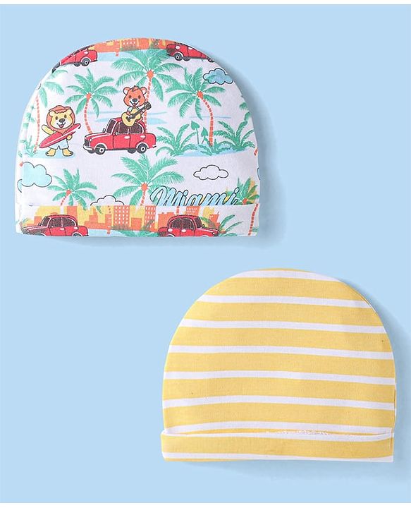Babyhug Interlock Cotton Knit Tropical & Stripe Printed Caps Pack Of 2 - White & Yellow