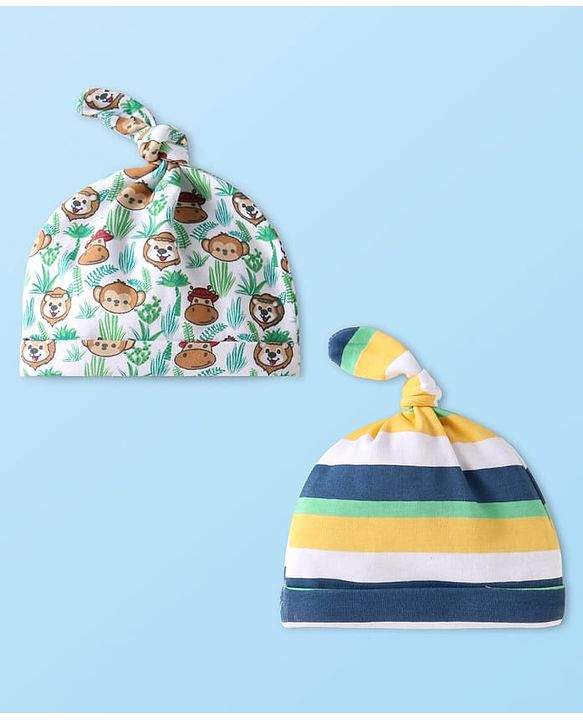 Babyhug Interlock Knit Caps with Animal Prints & Stripes Pack of 2 - White