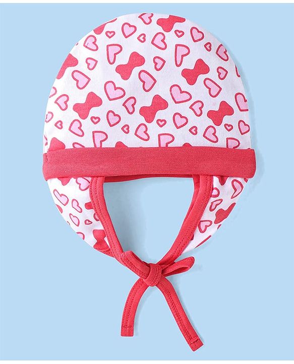 Babyhug 100% Cotton Knit Tie Knot Cap Heart & Bow Print - White