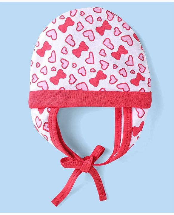 Babyhug 100% Cotton Knit Tie Knot Cap Heart & Bow Print - White