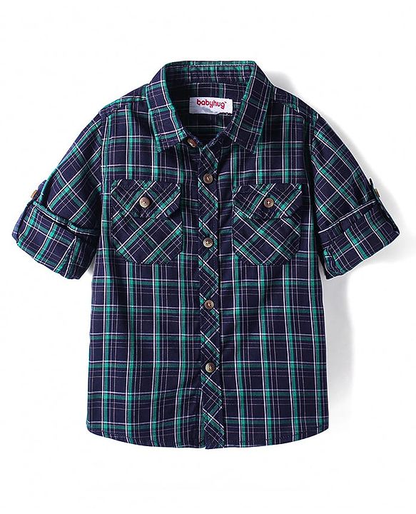 Babyhug Cotton Woven Full Sleeves Checkered Shirt - Navy Blue