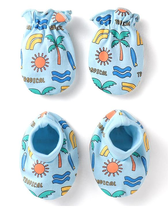 Babyhug 100% Cotton Knit Mittens & Booties With Tropical Print - Blue