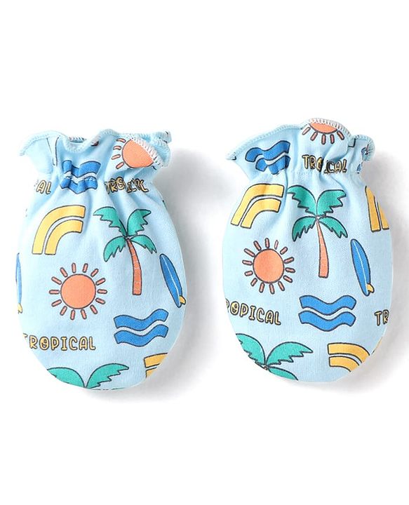 Babyhug 100% Cotton Knit Mittens & Booties With Tropical Print - Blue