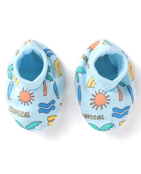 Babyhug 100% Cotton Knit Mittens & Booties With Tropical Print - Blue