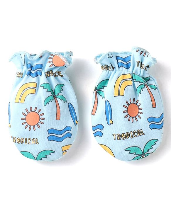 Babyhug 100% Cotton Knit Mittens & Booties With Tropical Print - Blue