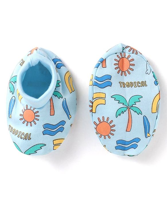 Babyhug 100% Cotton Knit Mittens & Booties With Tropical Print - Blue
