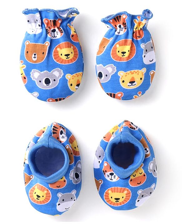 Babyhug 100% Cotton Knit Mittens & Booties With Animal Print - Blue