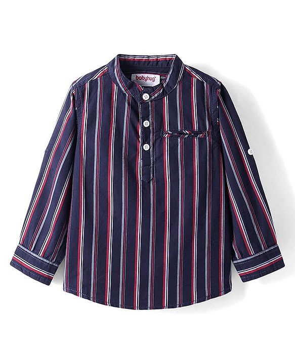 Babyhug Cotton Woven Full Sleeves Checkered Shirt With Mandarin Collar - Navy Blue
