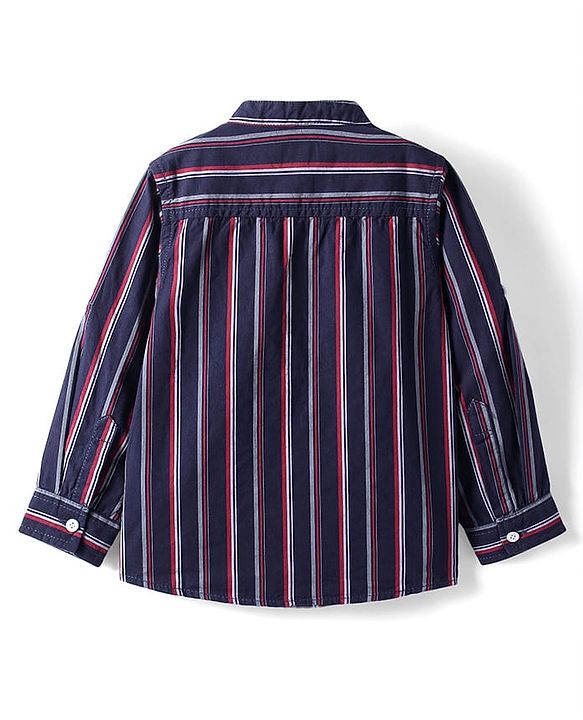 Babyhug Cotton Woven Full Sleeves Checkered Shirt With Mandarin Collar - Navy Blue