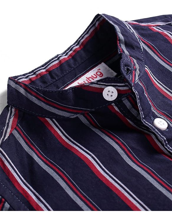 Babyhug Cotton Woven Full Sleeves Checkered Shirt With Mandarin Collar - Navy Blue