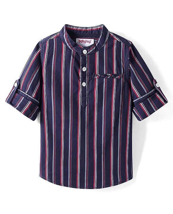 Babyhug Cotton Woven Full Sleeves Checkered Shirt With Mandarin Collar - Navy Blue
