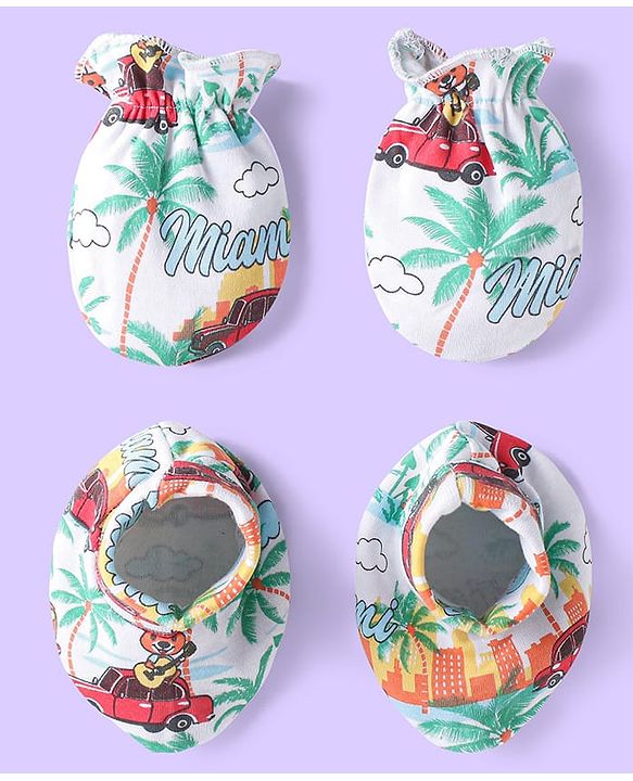 Babyhug Interlock Cotton Knit Mittens & Booties Set with Tropical Print - White