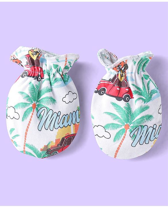 Babyhug Interlock Cotton Knit Mittens & Booties Set with Tropical Print - White