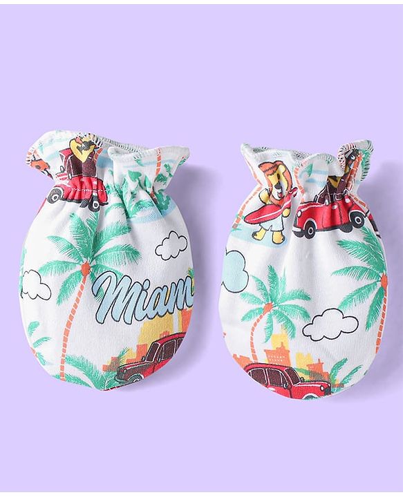 Babyhug Interlock Cotton Knit Mittens & Booties Set with Tropical Print - White