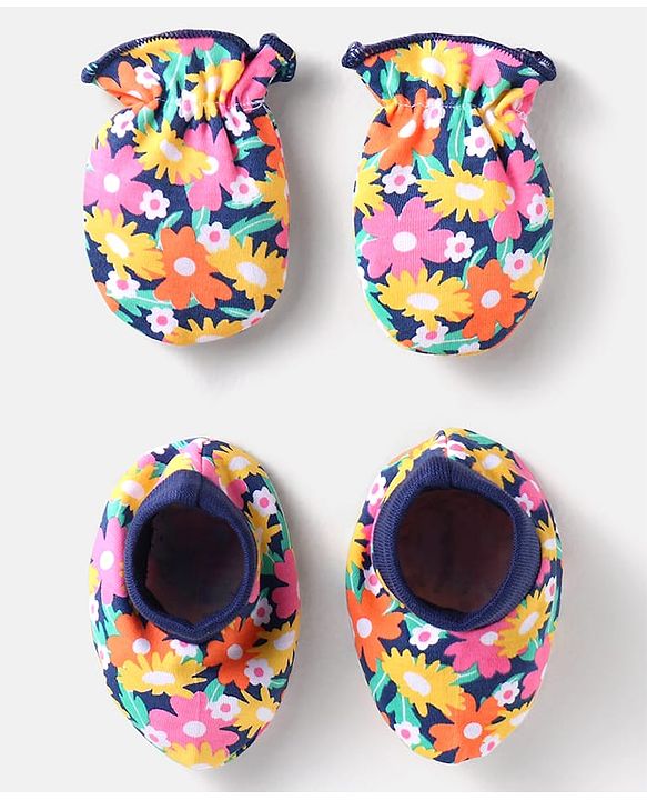 Babyhug 100% Cotton Mittens & Booties Floral Print Pack of 2 - Navy Blue
