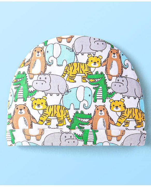 Babyhug Interlock Knit Caps Mittens & Booties With Animal Print - White