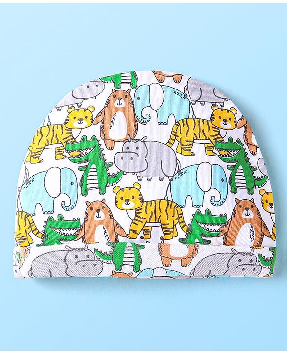 Babyhug Interlock Knit Caps Mittens & Booties With Animal Print - White