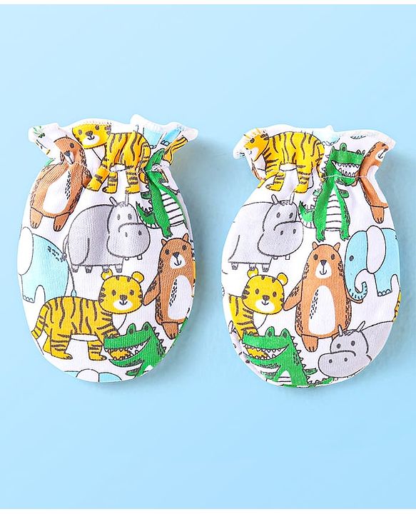 Babyhug Interlock Knit Caps Mittens & Booties With Animal Print - White
