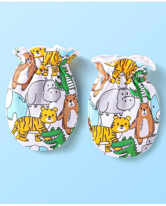 Babyhug Interlock Knit Caps Mittens & Booties With Animal Print - White