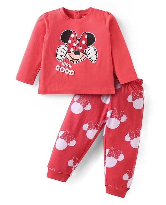 Babyhug Disney Single Jersey Knit Full Sleeves Night Suit with Minnie Mouse Graphics - Red