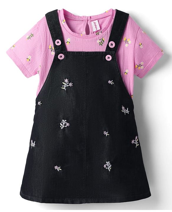 Babyhug Cotton Woven Frock & Half Sleeves Inner Tee With Floral Print & Embroidery - Black & Pink
