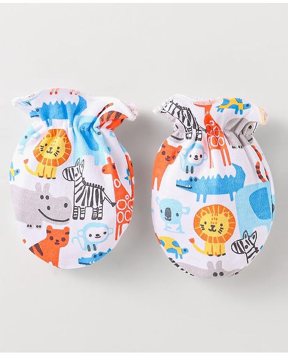 Babyhug Interlock Knit Caps Mittens & Booties With Animal Print - White