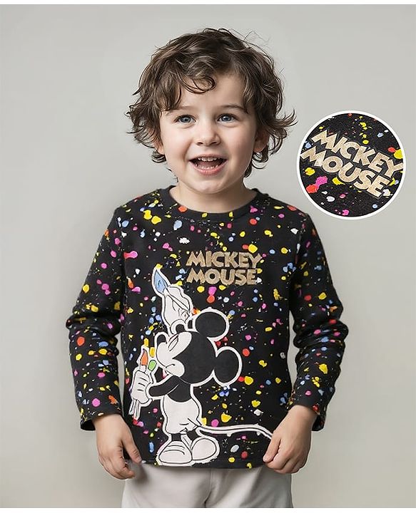 Babyhug Disney Single Jersey Knit Full Sleeves T-Shirt With Mickey Mouse Graphics - Black