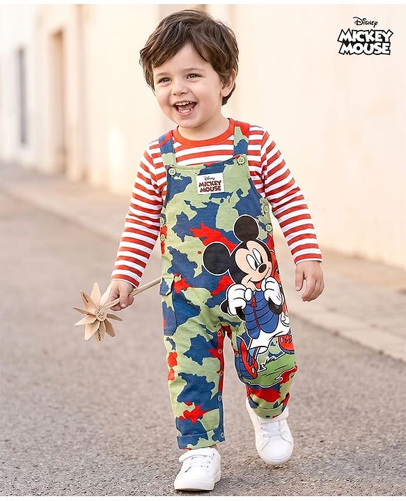 Babyhug Disney Single Jersey Knit Full Sleeves T-Shirt with Dungaree Mickey Mouse Graphics & Camouflage Detailing - Green & Red