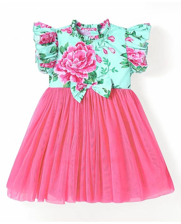 Babyhug Cotton Woven Frill Sleeves Frock With Floral Print & Bow Applique - Pink