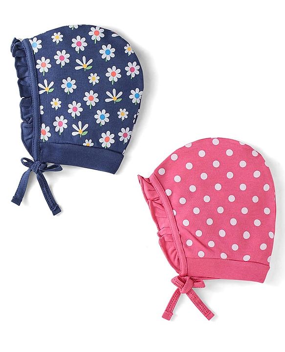 Babyhug 100% Cotton Knit Tie Knot Bonnet Cap Floral & Polka Dot Print Pack of 2 - Pink & Blue