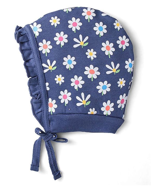 Babyhug 100% Cotton Knit Tie Knot Bonnet Cap Floral & Polka Dot Print Pack of 2 - Pink & Blue