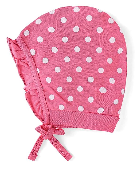 Babyhug 100% Cotton Knit Tie Knot Bonnet Cap Floral & Polka Dot Print Pack of 2 - Pink & Blue