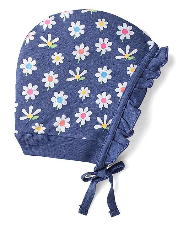Babyhug 100% Cotton Knit Tie Knot Bonnet Cap Floral & Polka Dot Print Pack of 2 - Pink & Blue