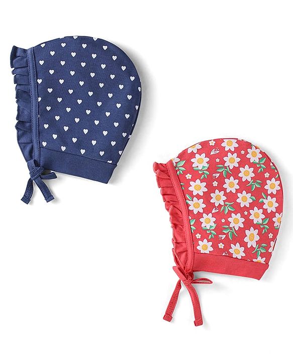 Babyhug 100% Cotton Knit Tie Knot Bonnet Cap Floral & Polka Dot Print Pack of 2 - Red & Blue