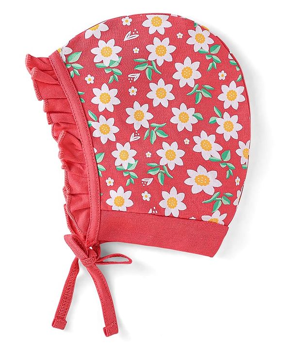 Babyhug 100% Cotton Knit Tie Knot Bonnet Cap Floral & Polka Dot Print Pack of 2 - Red & Blue