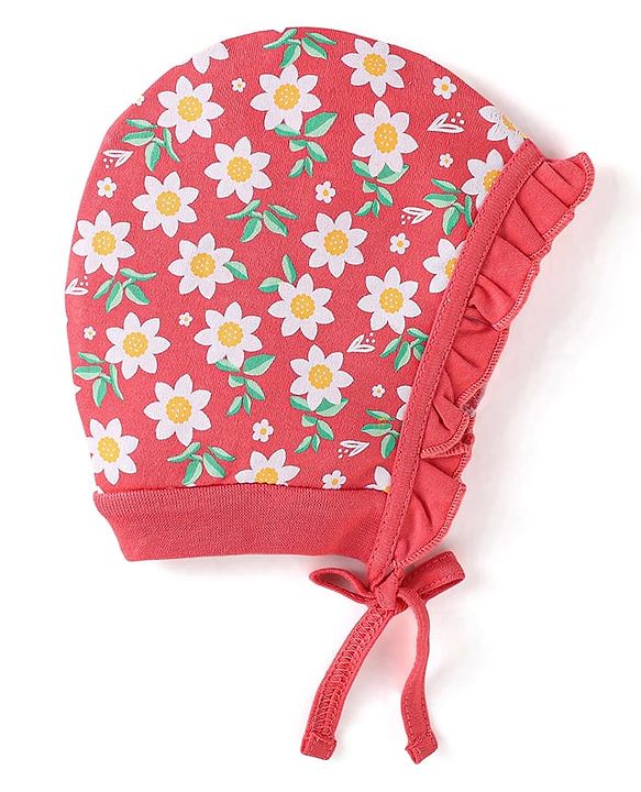 Babyhug 100% Cotton Knit Tie Knot Bonnet Cap Floral & Polka Dot Print Pack of 2 - Red & Blue
