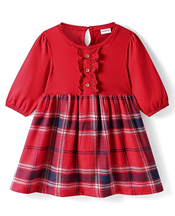 Babyhug Cotton Woven Full Sleeves Checkered Frock With Frill Detailing - Red