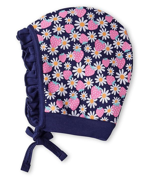 Babyhug Interlock Knit Bonnet Bonnet Caps with Floral Print & Polka Dots Pack of 2 - Pink & Navy Blue