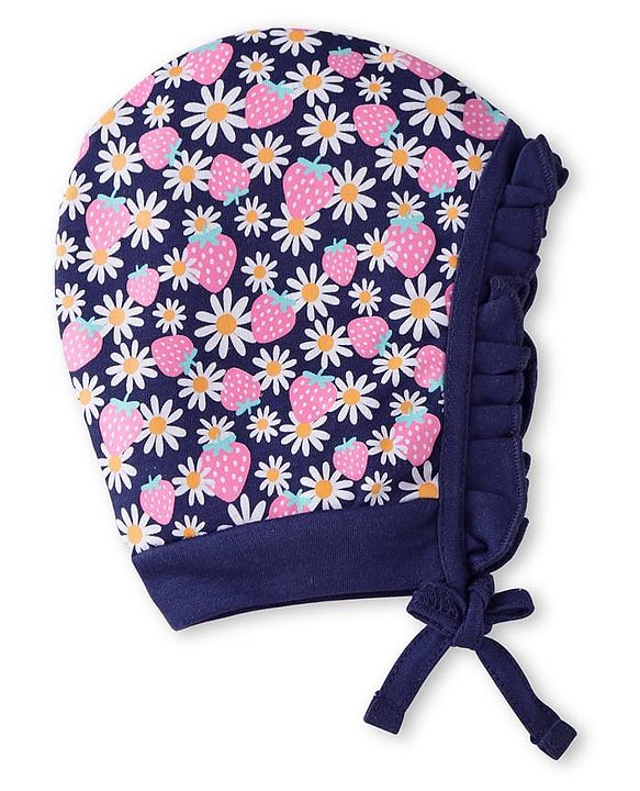 Babyhug Interlock Knit Bonnet Bonnet Caps with Floral Print & Polka Dots Pack of 2 - Pink & Navy Blue