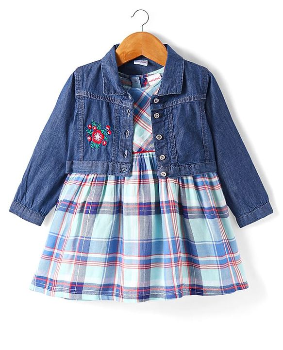 Babyhug Cotton Woven Checkered Frock With Full Sleeves Jacket & Floral Embroidery - Blue